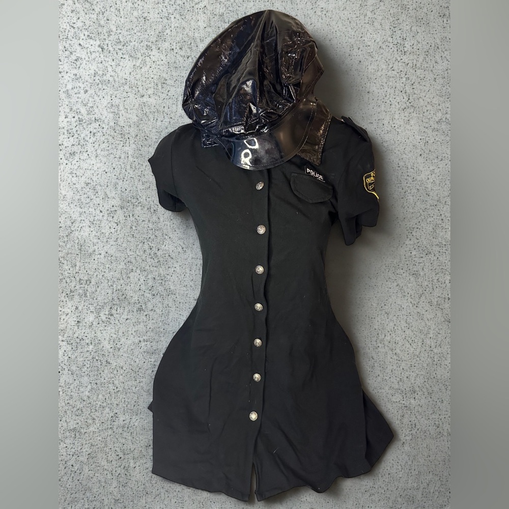 Sexy Police Officer Costume – Black Button-Up Dress & Hat – Halloween Party